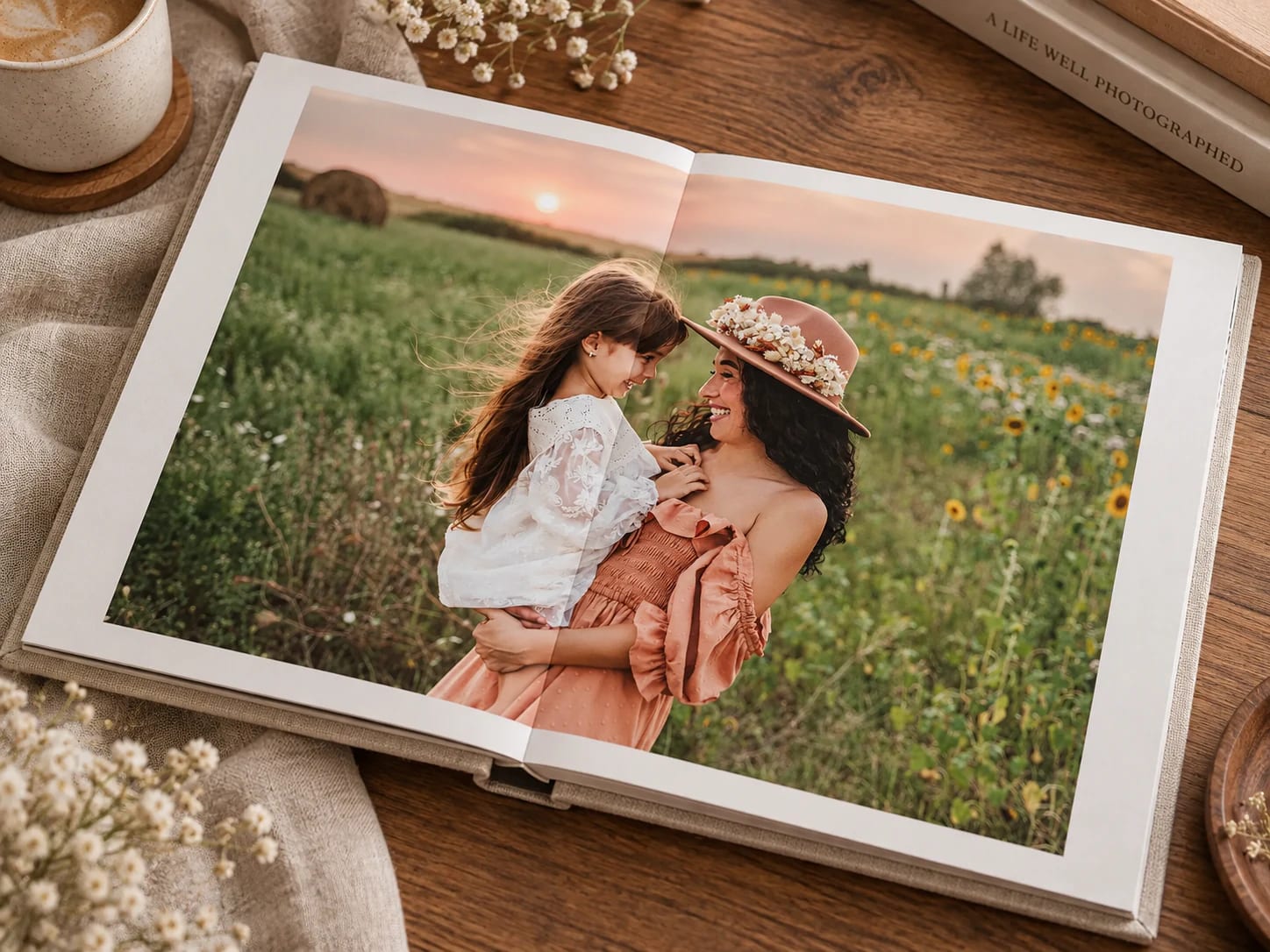 Album foto deschis cu o fotografie de familie, așezat pe o masă