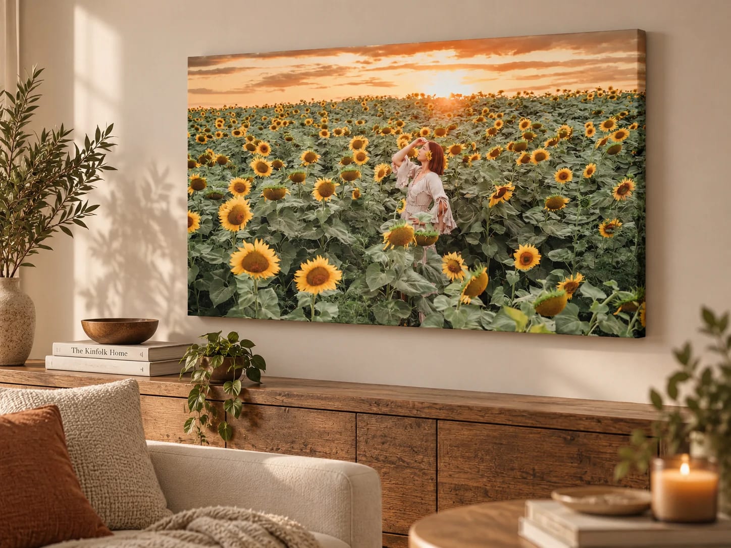 Canvas fotografic panoramic expus deasupra unei console din lemn
