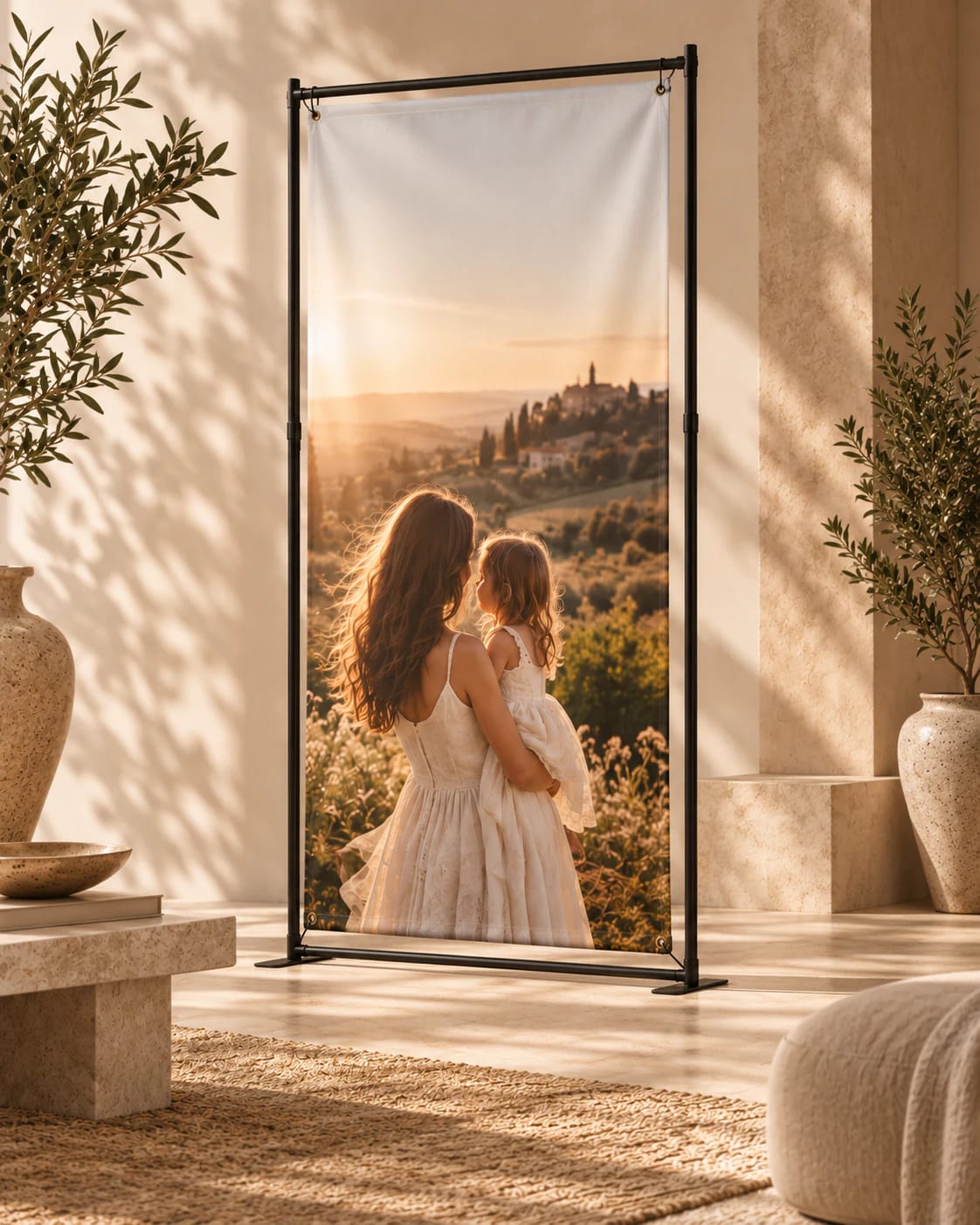 Banner fotografic vertical suspendat pentru un spațiu de eveniment