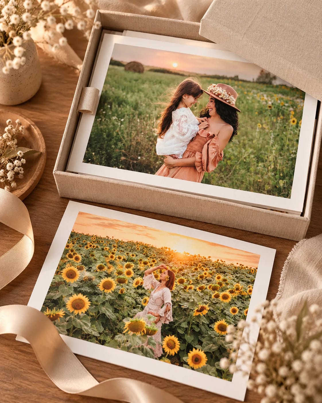 Cutie deschisă cu o selecție de fotografii tipărite