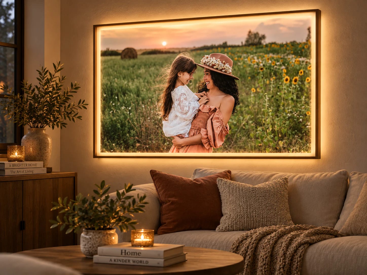 Tablou fotografic panoramic iluminat deasupra unei canapele